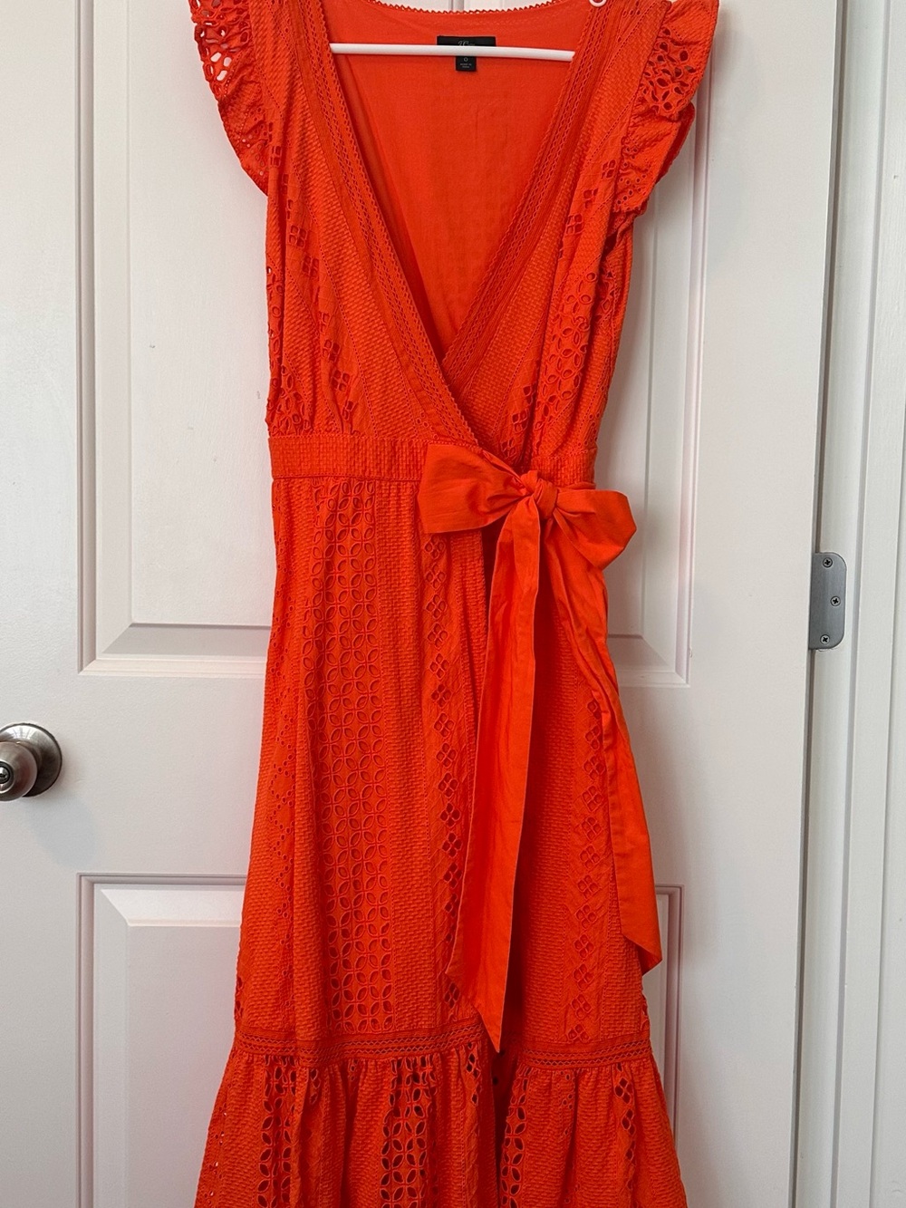 J. Crew Bright Orange Eyelet Wrap Midi Dress with Waist Bow